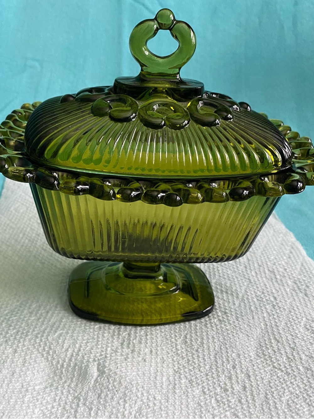 Vintage Green Glass Pedestal Covered Candy Dish Indiana Glass Inspired